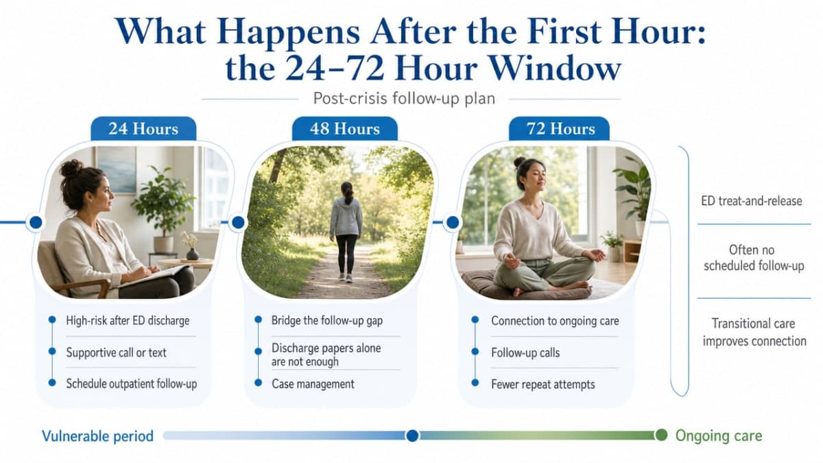 Visualize the 24-48-72 hour post-crisis follow-up plan explicitly outlined in the section, reinforcing the transitional care window supported by the cited research