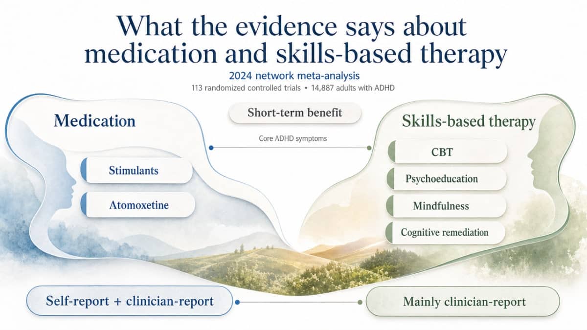 Summarize the 2024 network meta-analysis findings cited in this section, contrasting what medication vs. skills-based therapy tends to move, with the exact numbers cited in the prose