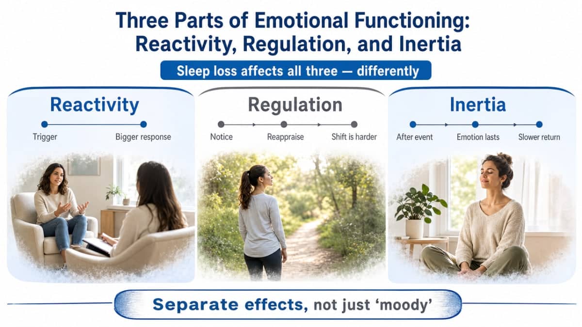 Visualize the three distinct components of emotional functioning described in the section, helping readers distinguish reactivity, regulation, and inertia as separate effects of sleep loss
