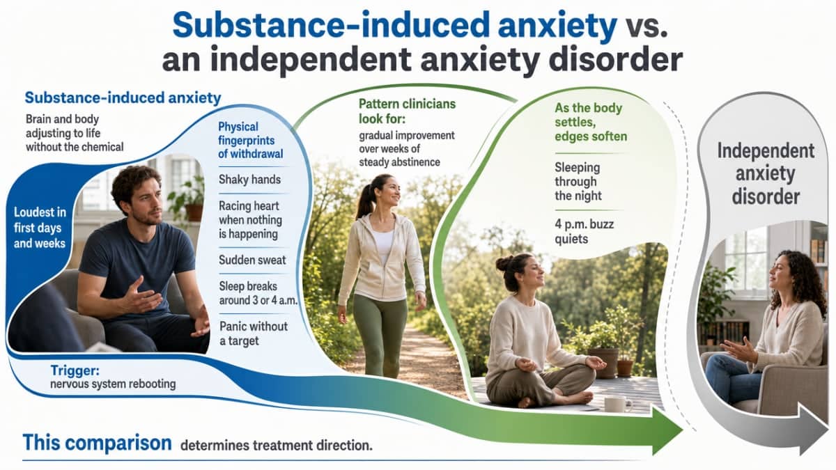 Visualize the clinical comparison between substance-induced anxiety and an independent anxiety disorder that the section explicitly contrasts, helping readers self-identify which pattern they may be experiencing