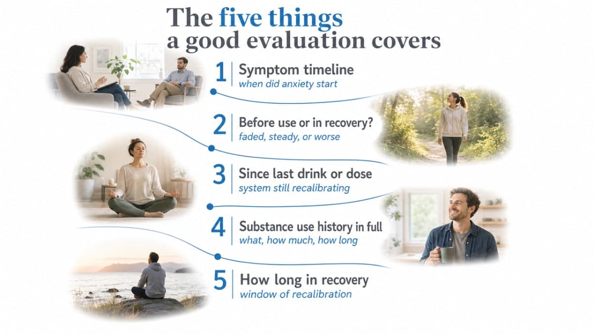 Visualize the five specific assessment areas the section enumerates, giving readers a concrete preview of what to expect at an evaluation appointment