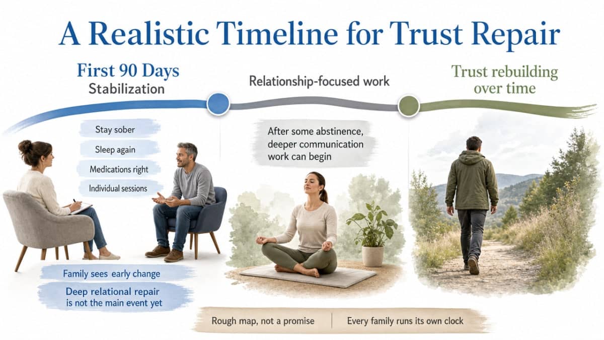 Visualize the three-phase recovery and trust-rebuilding timeline described in the section, giving readers a scannable reference for what happens when