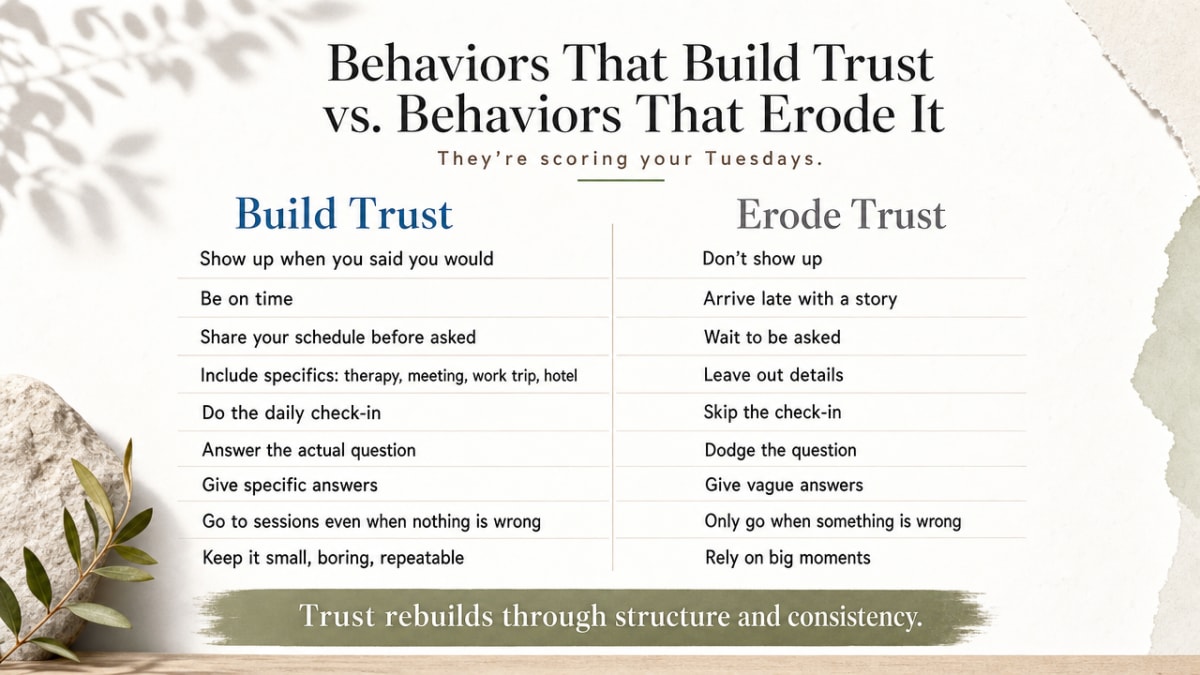 Turn the section's explicit contrast between trust-building and trust-eroding behaviors into a scannable two-column comparison, directly supporting the section's list