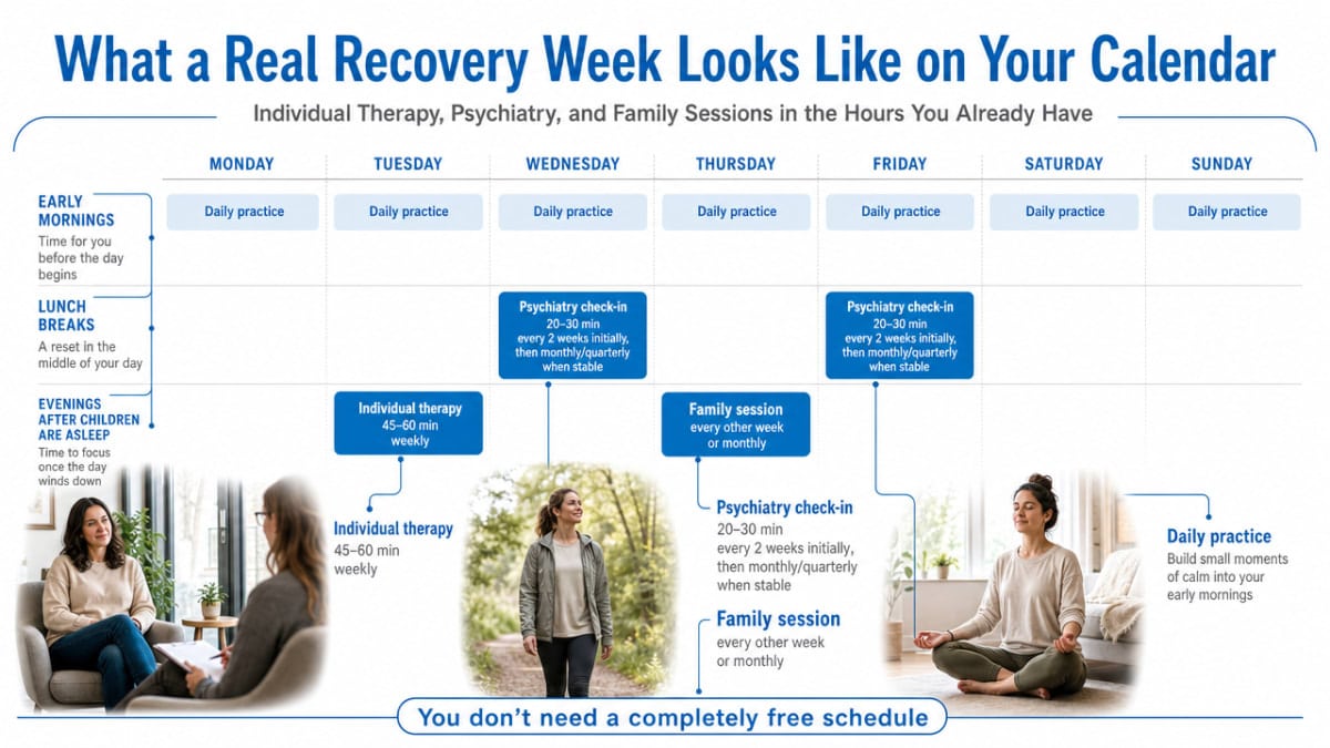 Visualize the weekly time commitment breakdown described in the section (individual therapy, psychiatry, family sessions, daily practice) so parents can see how treatment fits into an existing schedule