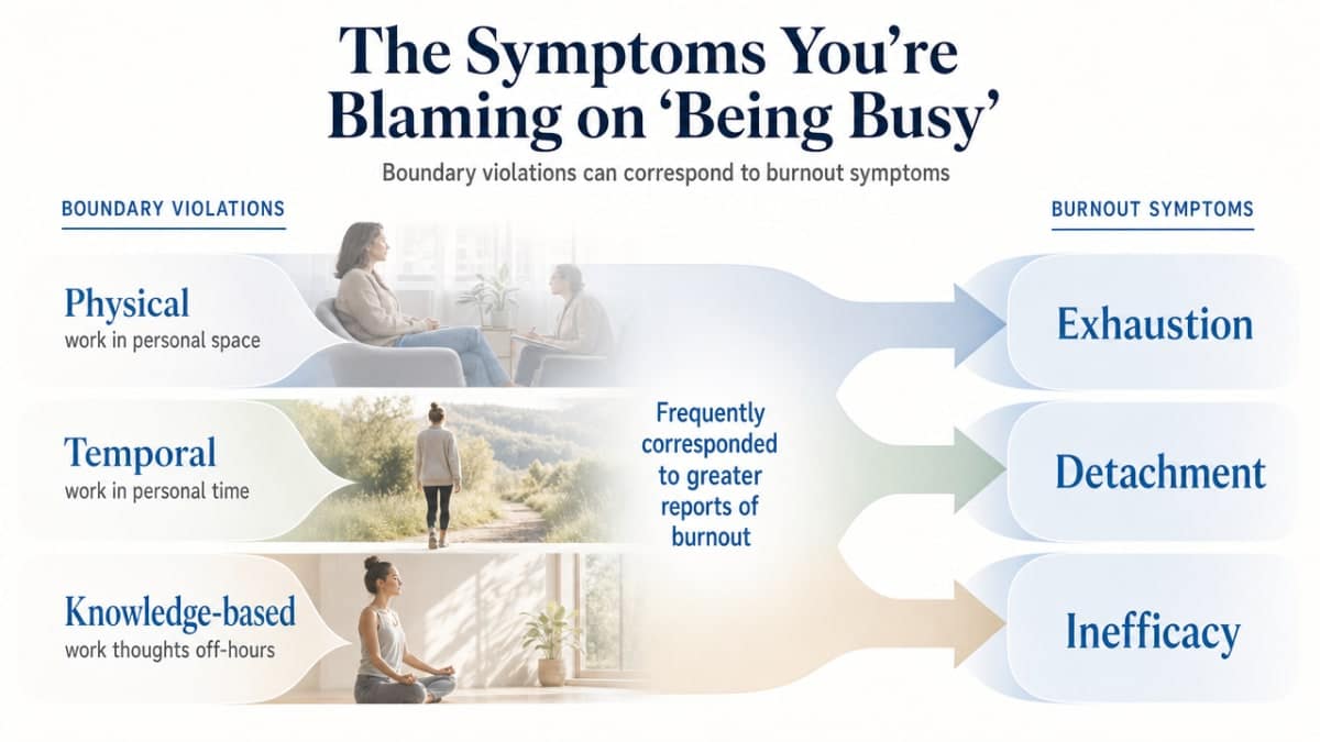 Visualize the three types of boundary violations (physical, temporal, knowledge-based) mapped to the three burnout symptoms (exhaustion, detachment, inefficacy) cited from the healthcare worker study in this section