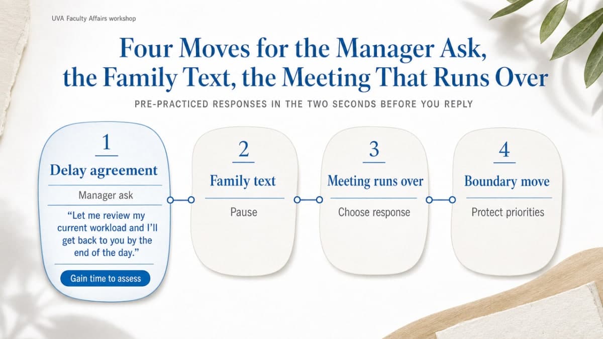 Visualize the four workplace boundary-setting moves cited from the UVA Faculty Affairs workshop, which are enumerated in the section text