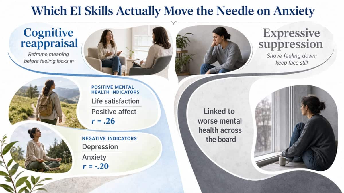 Visualize the meta-analytic correlations between cognitive reappraisal, expressive suppression, and mental health outcomes cited in this section