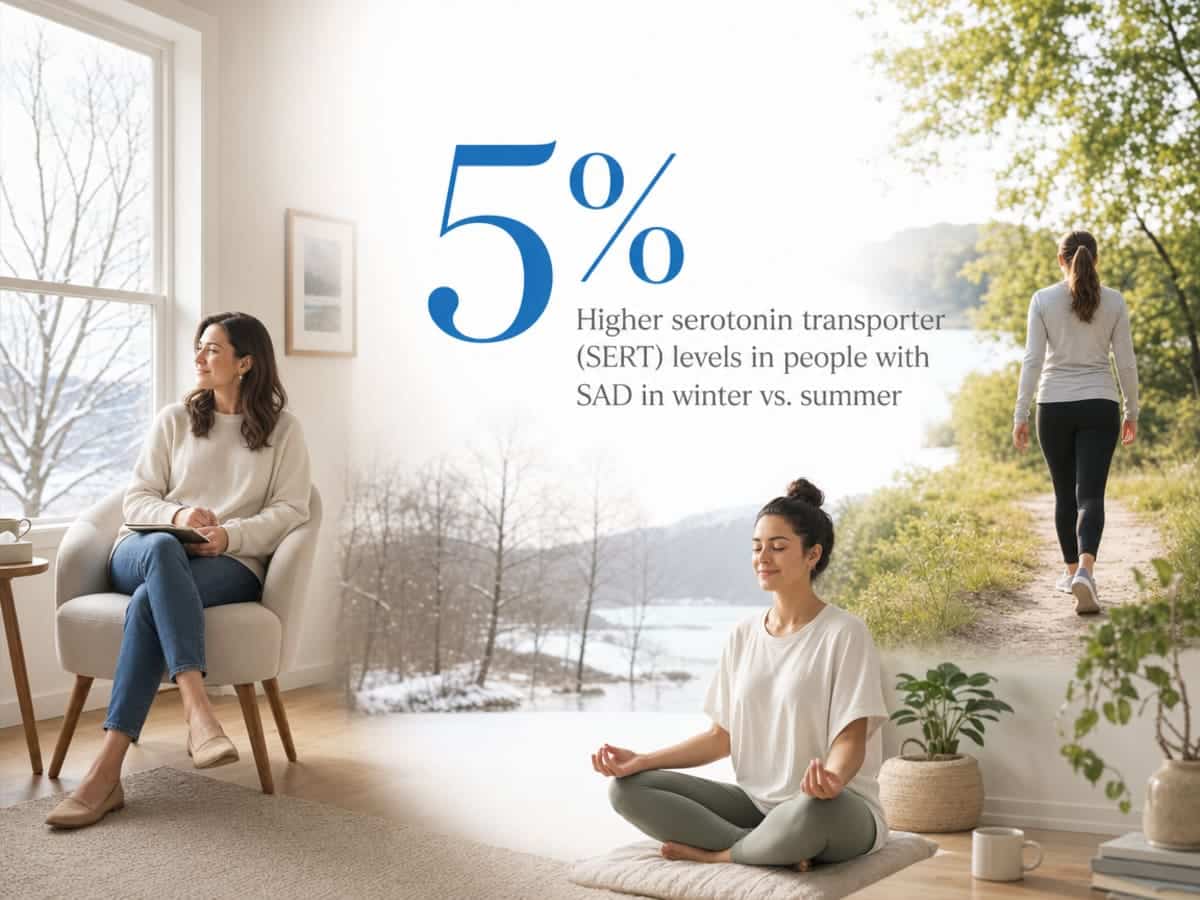 Infographic showing Higher serotonin transporter (SERT) levels in people with SAD in winter vs. summer