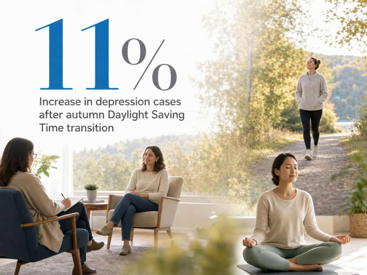 Infographic showing Increase in depression cases after autumn Daylight Saving Time transition