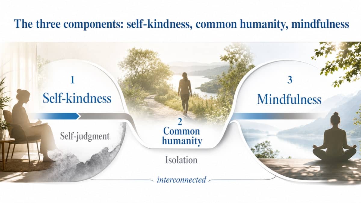 Visualize the three-component framework of self-compassion described in this section, showing each component paired with its opposite tendency