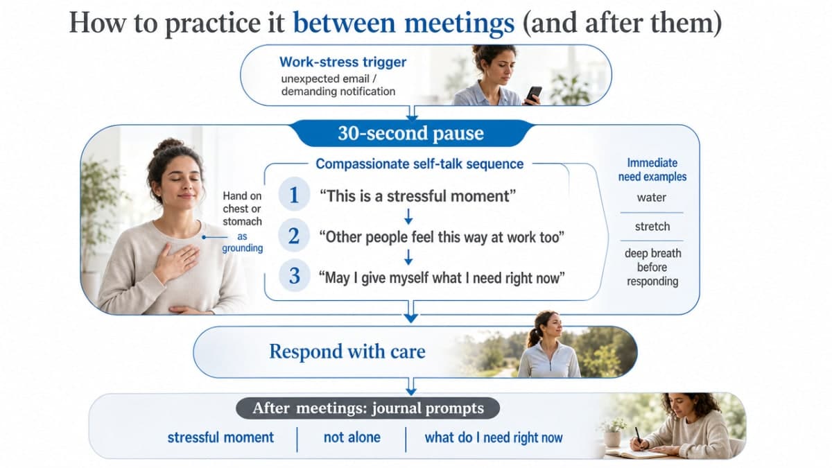 Visualize the three concrete practices described in this section (30-second break, compassionate self-talk, journaling prompts) as a simple workflow readers can apply
