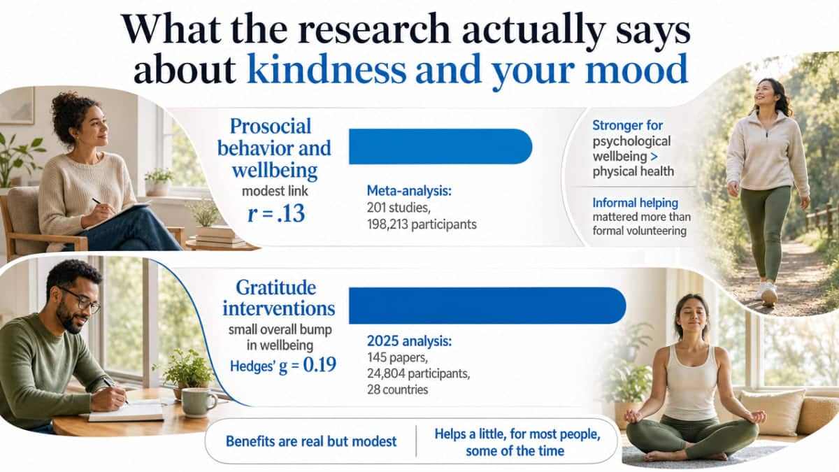 Compare the effect sizes of different kindness-adjacent practices cited in this section so readers see at a glance that benefits are real but modest