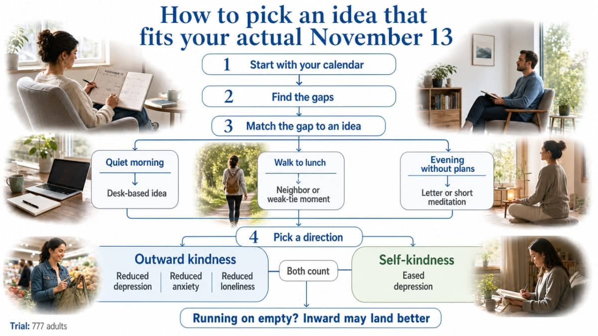 Give readers a simple decision framework for choosing between outward kindness and self-kindness based on the section's cited trial findings