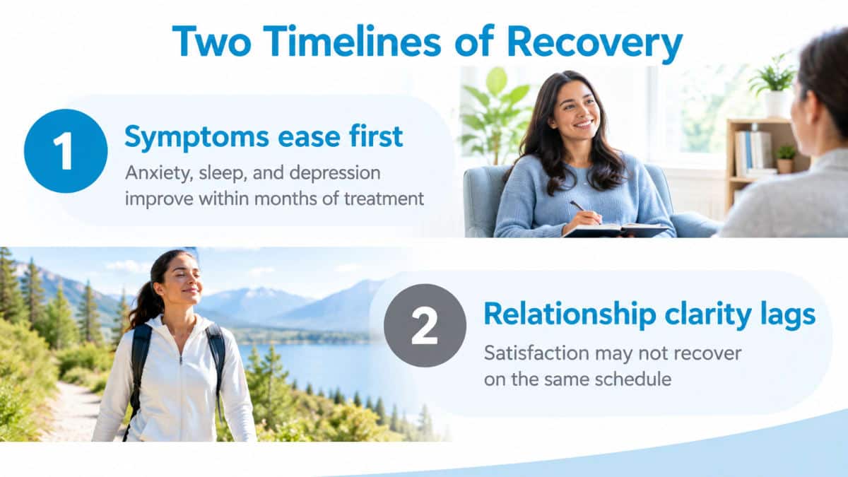 Infographic showing two timelines of recovery during counseling for cheating: symptoms ease first, relationship clarity lags.