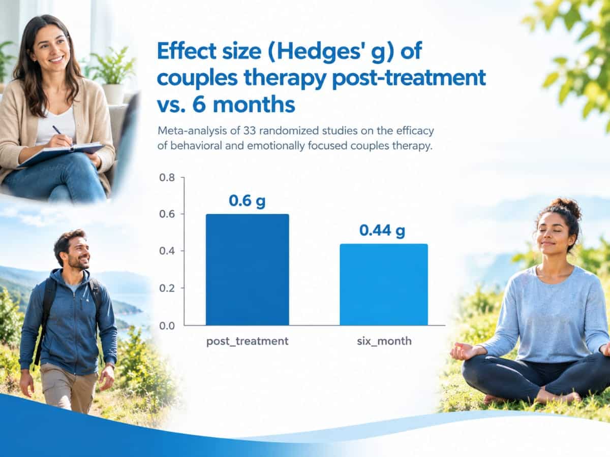 Bar chart comparing counseling effect sizes at post-treatment (0.6g) and 6 months (0.44g).