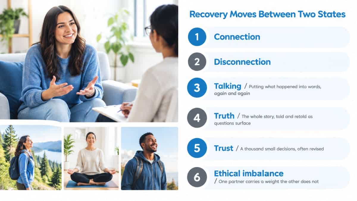 Infographic showing six states of counseling for cheating recovery between connection and disconnection