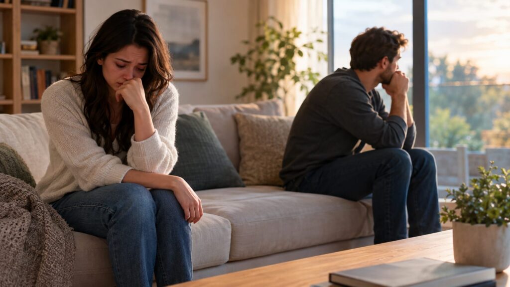 A couple engaged in a counseling session with a therapist in a modern indoor setting.