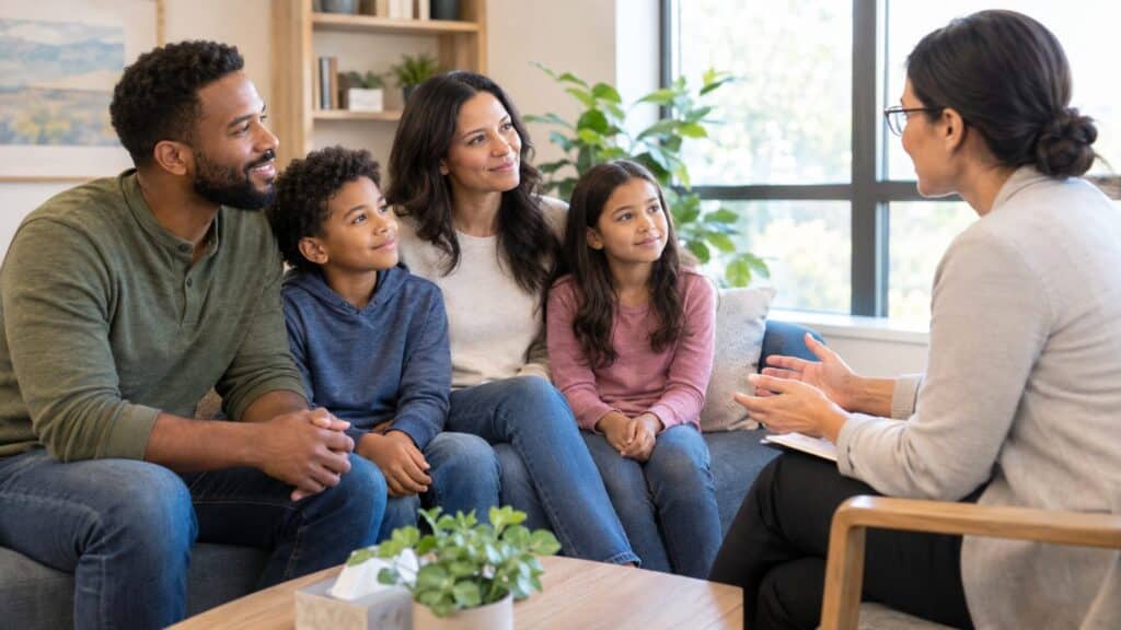 Family of four on couch listening to a counselor during a therapy session