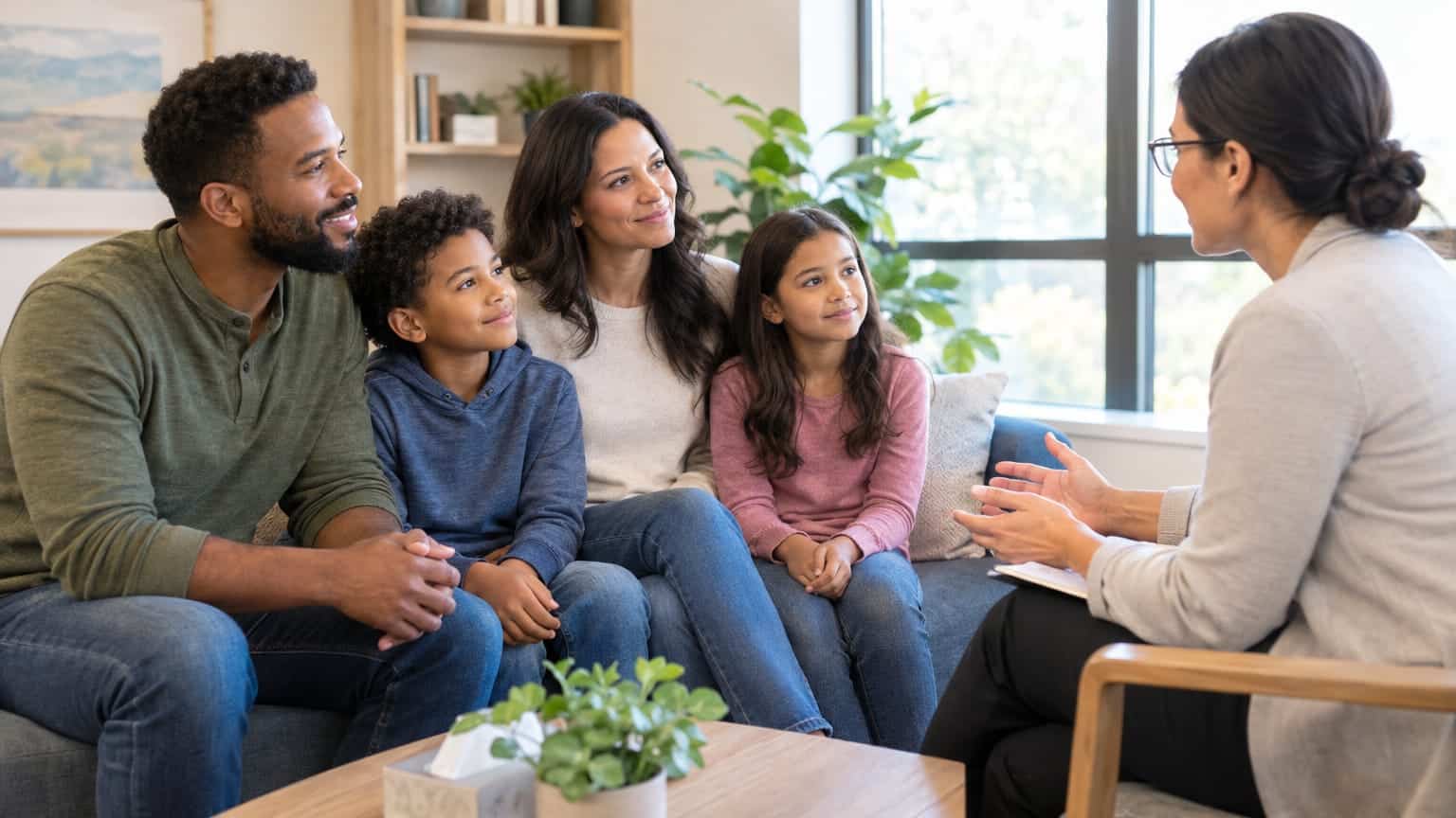 Family of four on couch listening to a counselor during a therapy session