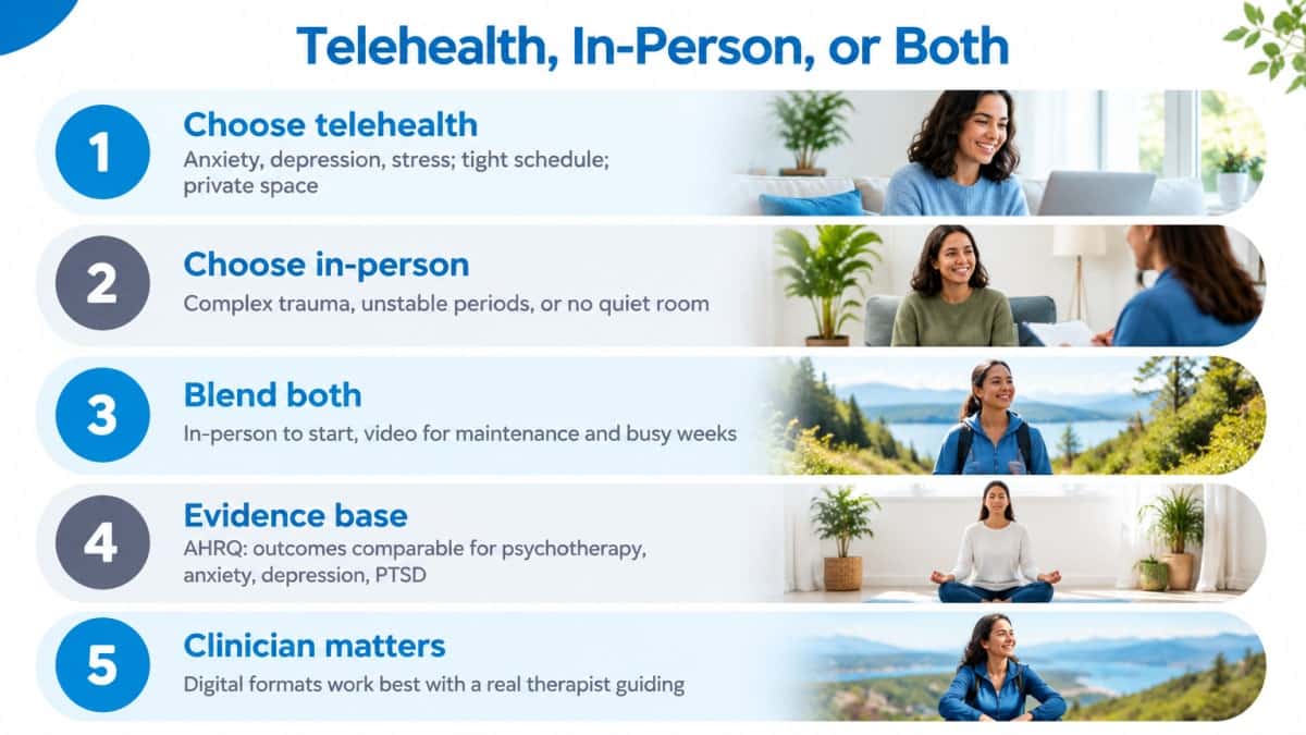 Decision framework comparing telehealth, in-person, and blended therapy options for a Franklin therapist.