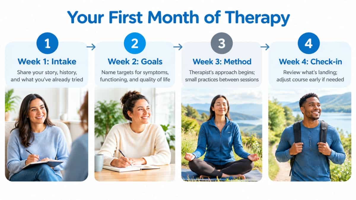 Four-week timeline infographic showing what to expect from a Franklin therapist