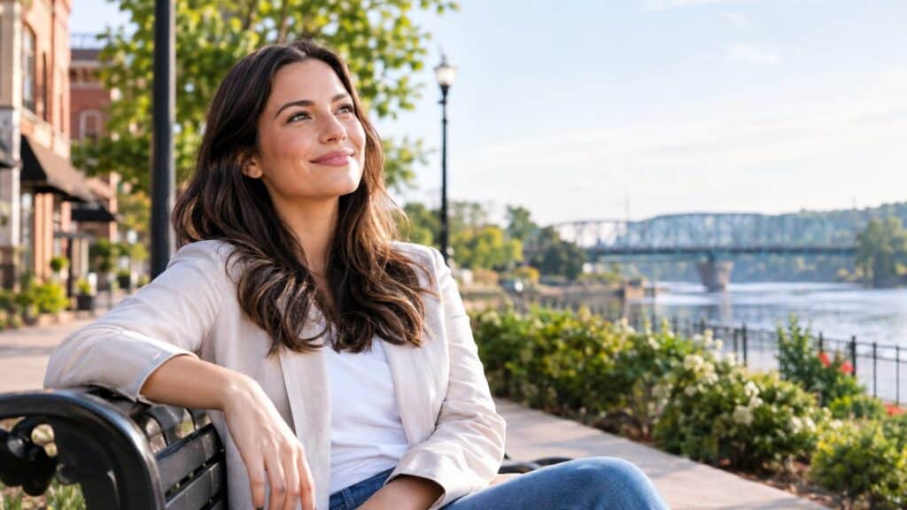 Smiling woman in blazer sits on a bench along a sunlit riverside walkway near a bridge.