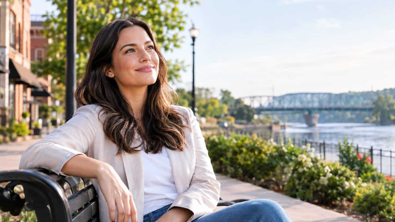 Smiling woman in blazer sits on a bench along a sunlit riverside walkway near a bridge.