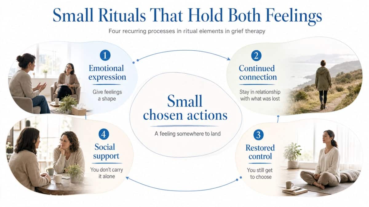 Visualize the four recurring processes identified in the scoping review of ritual elements in grief therapy, which is directly cited in this section