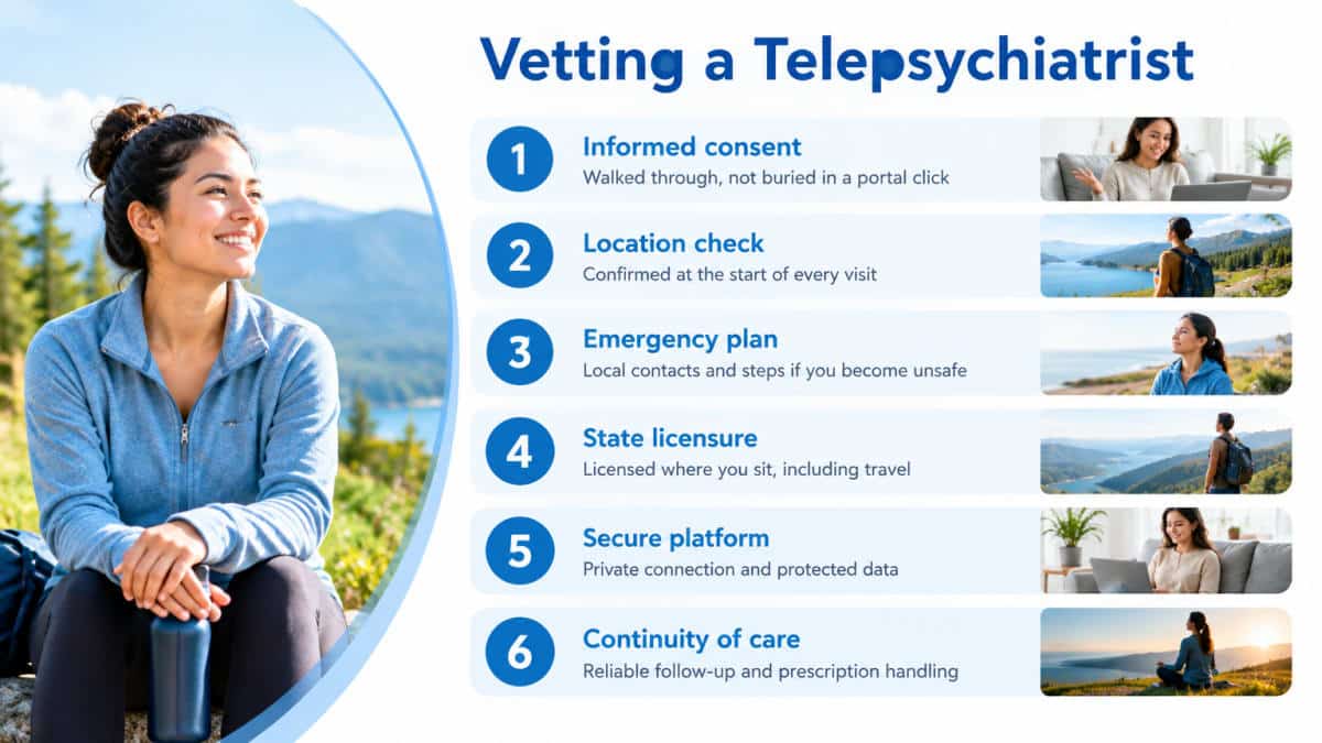 Six-step checklist for vetting a telepsychiatrist in holistic psychiatry care.