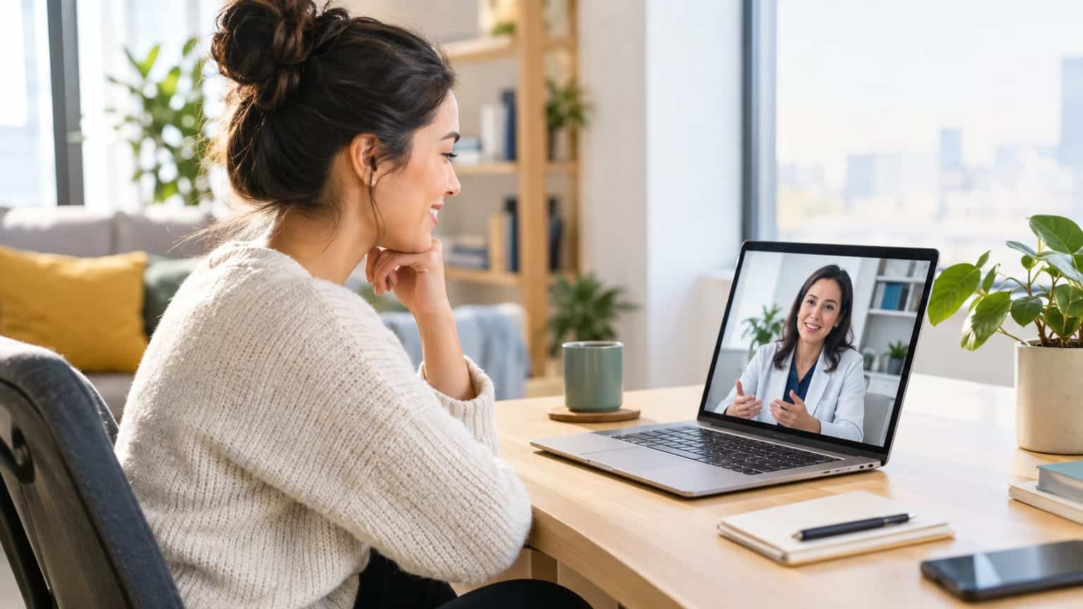 Woman at home desk on laptop video call with a clinician in white coat.