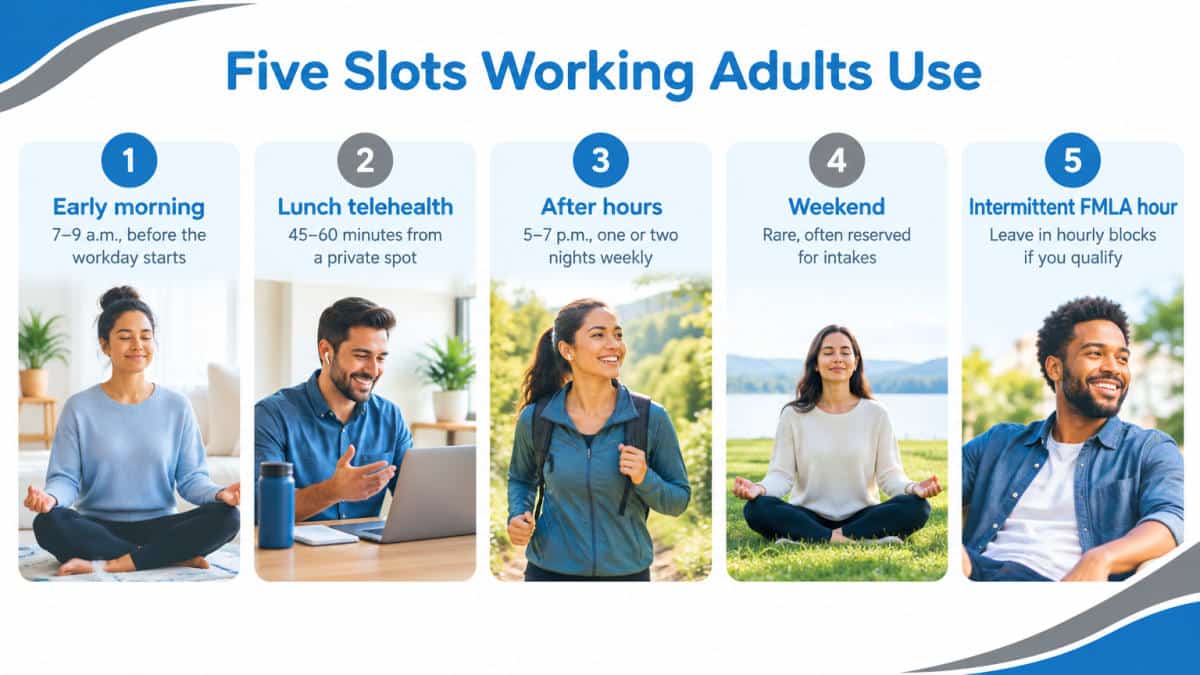 Infographic showing five appointment time slots working adults use for a psychiatric evaluation