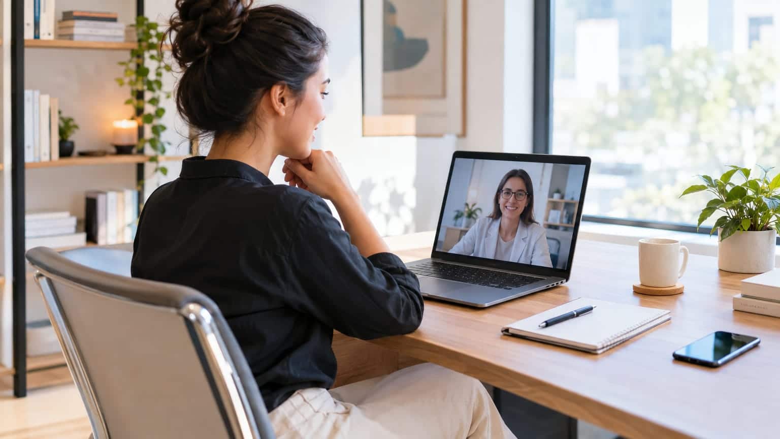 Woman at home office desk having a video call with a clinician on a laptop.