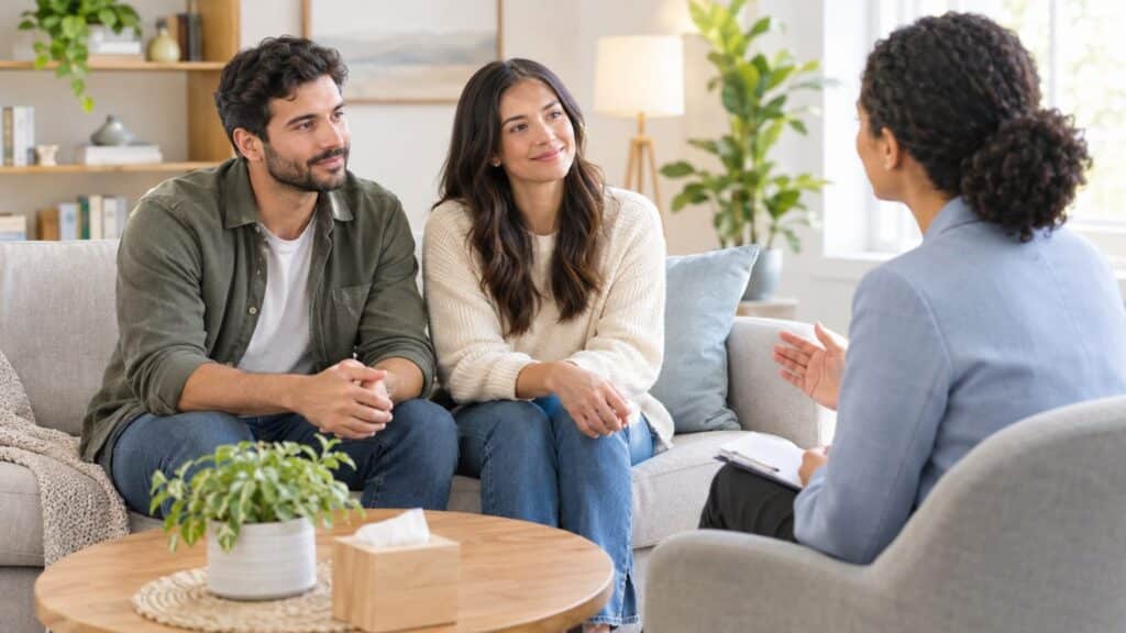 Couple sitting on a couch speaking with a therapist during a counseling session.