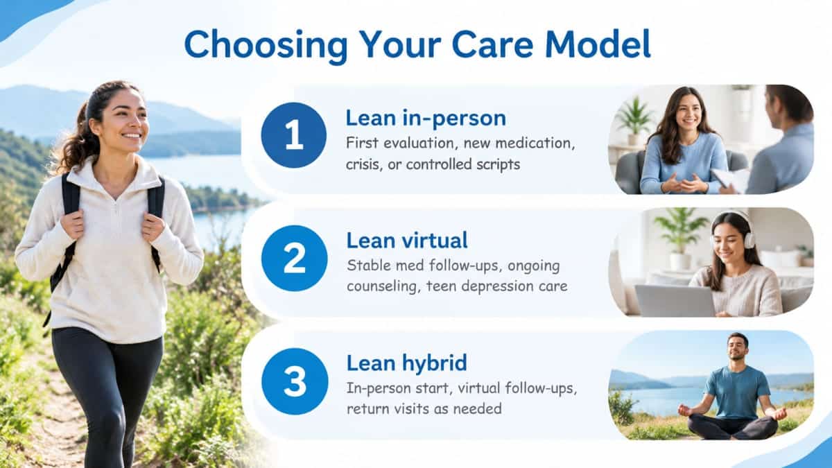 Infographic comparing in-person, virtual, and hybrid Plano behavioral health care models