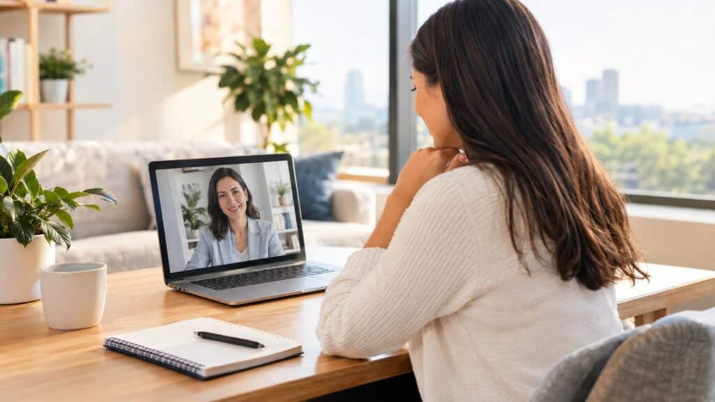 Woman at home desk having a video telehealth session with a female clinician on laptop