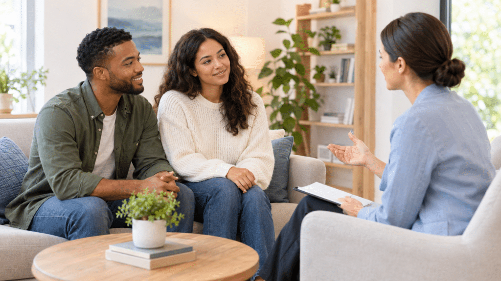 Young couple sitting on sofa talking with a counselor holding a clipboard in bright office.