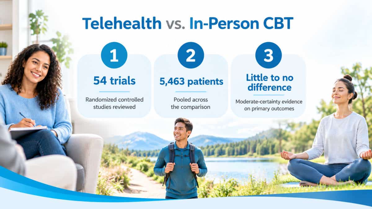 Infographic comparing telehealth and in-person CBT: 54 trials, 5,463 patients, little difference.