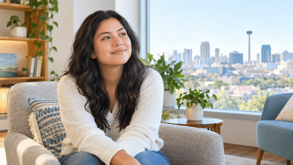 Smiling woman on armchair in bright room with San Antonio skyline visible through window.