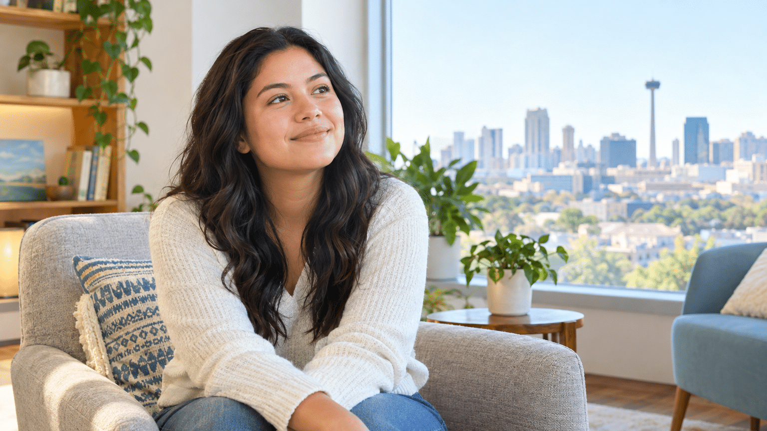 Smiling woman on armchair in bright room with San Antonio skyline visible through window.